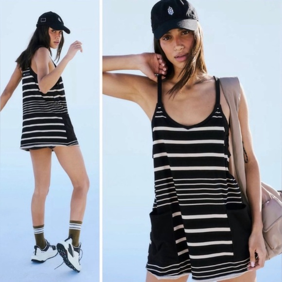 Free People Movement Hot Shot Mini Dress Black and Tan Stripes Small NWOT - Picture 2 of 11